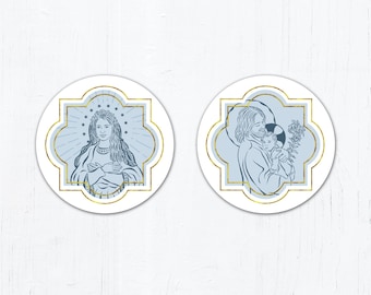 3" Blessed Virgin Mary Circle Sticker - 3" St. Joseph with Jesus Circle Sticker - Catholic Vinyl Sticker 3" x 3" Peel & Stick - Weatherproof