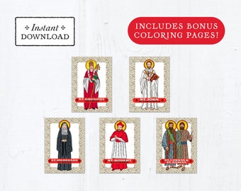 Catholic Saint Trading Cards September Set #2 - Printable - PLUS Bonus Coloring Pages! DIY Downloadable PDF - 8.5x11 - 5 Total Saint Cards