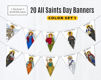 All Saints Day Banners Set 1, Color Printable Saint Banners, All Saints Party Decor, All Saints Day Decor, Catholic Classroom Decor