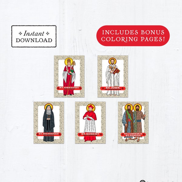 Catholic Saint Trading Cards September Set #2 - Printable - PLUS Bonus Coloring Pages! DIY Downloadable PDF - 8.5x11 - 5 Total Saint Cards
