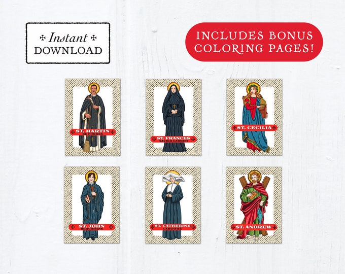 Catholic Saint Trading Cards November Set #1 - Printable - PLUS Bonus Coloring Pages! DIY Downloadable PDF - 8.5x11 - 6 Total Saint Cards