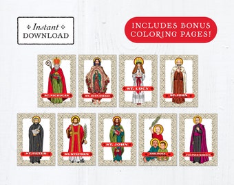 Catholic Saint Trading Cards December Set #1 - Printable - PLUS Bonus Coloring Pages! DIY Downloadable PDF - 8.5x11 - 9 Total Saint Cards