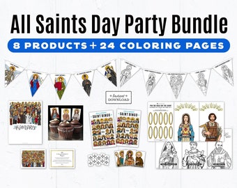 All Saints Day Party Printable Bundle: Invitation, Prayer Cards, Banners, Coloring Pages, Pin the Halo on the Saint Game, Saint Bingo