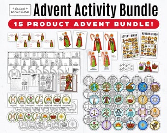 Advent PDF Bundle: Bingo, Coloring Pages, Jesse Tree Ornaments, O Antiphon Ornaments & Cards, St Nicholas Candy Cards, Advent Game, Novena