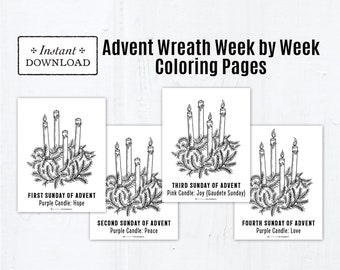 Advent Wreath Coloring Pages by Week, Advent Coloring Page Bundle, Digital, Printable Catholic Coloring Page, Advent Wreath Gaudete Sunday