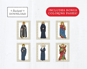 Catholic Saint Flash Cards November Set #1 - Printable - PLUS Bonus Coloring Pages! DIY Downloadable PDF - 8.5x11 - 6 Total Saint Cards