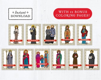 Catholic Saint Trading Cards July Set #1 - Printable - PLUS Bonus Coloring Pages! DIY Downloadable PDF - 8.5x11 - 11 Total Saint Cards