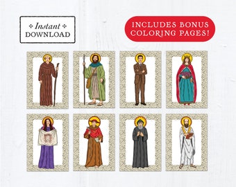 Catholic Saint Flash Cards July Set #2 - Printable - PLUS Bonus Coloring Pages! DIY Downloadable PDF - 8.5x11 - 8 Total Saint Cards