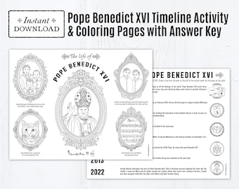 Pope Benedict XVI Catholic Timeline Activity and Coloring Pages, 2 Printable Coloring Pages and Activity with Answer Key, Digital PDF