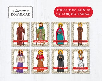 Catholic Saint Trading Cards July Set #2 - Printable - PLUS Bonus Coloring Pages! DIY Downloadable PDF - 8.5x11 - 8 Total Saint Cards