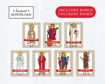 Catholic Saint Trading Cards August Set #2 - Printable - PLUS Bonus Coloring Pages! DIY Downloadable PDF - 8.5x11 - 7 Total Saint Cards