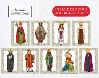 Catholic Saint Flash Cards December Set #1 - Printable - PLUS Bonus Coloring Pages! DIY Downloadable PDF - 8.5x11 - 9 Total Saint Cards