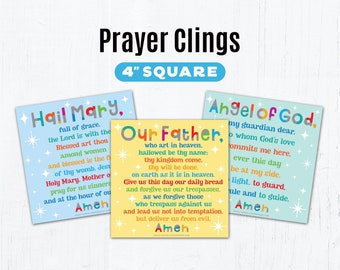 Catholic Prayer Clings for Children, Our Father, Hail Mary, Angel of God, Die Cut Vinyl Clings 4 Inch Peel & Stick, Removable, Teach Prayers