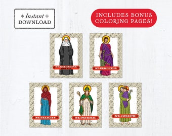Catholic Saint Trading Cards March Set #1 - Printable - PLUS Bonus Coloring Pages! DIY Downloadable PDF - 8.5x11 - 5 Total Saint Cards
