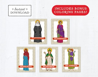 Catholic Saint Trading Cards March Set #1 - Printable - PLUS Bonus Coloring Pages! DIY Downloadable PDF - 8.5x11 - 5 Total Saint Cards