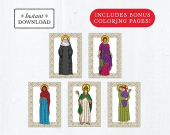 Catholic Saint Flash Cards March Set #1 - Printable - PLUS Bonus Coloring Pages! DIY Downloadable PDF - 8.5x11 - 5 Total Saint Cards