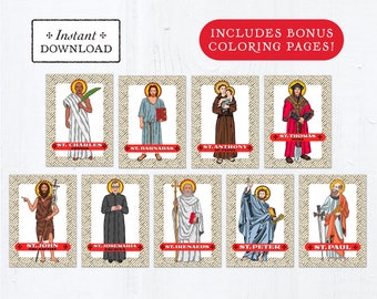 Catholic Saint Trading Cards June Set #1 - Printable - PLUS Bonus Coloring Pages! DIY Downloadable PDF - 8.5x11 - 9 Total Saint Cards