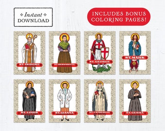 Catholic Saint Trading Cards April Set #1 - Printable - PLUS Bonus Coloring Pages! DIY Downloadable PDF - 8.5x11 - 8 Total Saint Cards