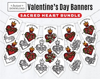 Sacred Hearts Valentine's Day Banners Bundle, Color & BW Coloring Page Printable Banners, Sacred Heart Banners Sacred Heart of Jesus, June