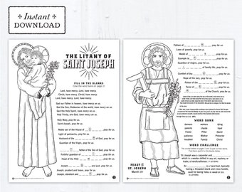 The Litany of Saint Joseph Catholic Coloring Pages and Word Game - Catholic Saints - 2 Printable Coloring Pages - Digital - PDF