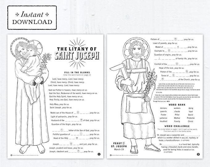 Featured listing image: The Litany of Saint Joseph Catholic Coloring Pages and Word Game - Catholic Saints - 2 Printable Coloring Pages - Digital - PDF