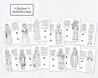 Catholic Saints Coloring Page Valentine Exchange Cards Set 2 - Printable - DIY Downloadable PDF - 8.5x11 - Catholic Printable Valentines