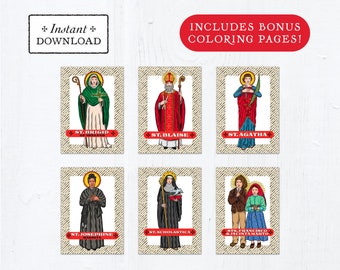 Catholic Saint Trading Cards February Set #1 - Printable - PLUS Bonus Coloring Pages! DIY Downloadable PDF - 8.5x11 - 6 Total Saint Cards