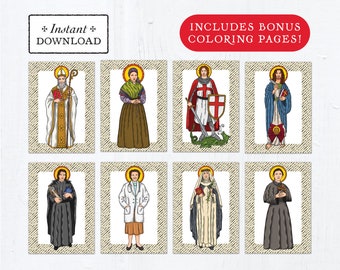 Catholic Saint Flash Cards April Set #1 - Printable - PLUS Bonus Coloring Pages! DIY Downloadable PDF - 8.5x11 - 8 Total Saint Cards