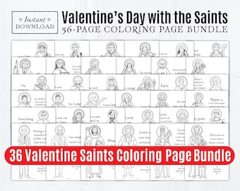 Catholic Saints Valentine Coloring Page Bundle of 36 Black & White Printable Coloring Pages, PDF 8.5x11 Catholic Printables, All Saints Day