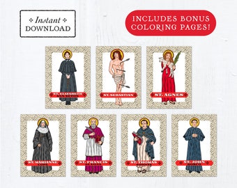 Catholic Saint Trading Cards January Set #1 - Printable - PLUS Bonus Coloring Pages! DIY Downloadable PDF - 8.5x11 - 7 Total Saint Cards