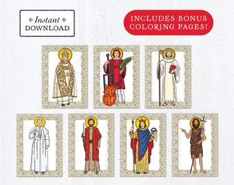 Catholic Saint Flash Cards August Set #2 - Printable - PLUS Bonus Coloring Pages! DIY Downloadable PDF - 8.5x11 - 7 Total Saint Cards