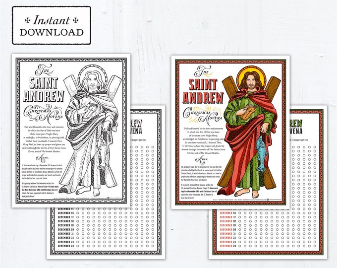 Featured listing image: St. Andrew Christmas Novena Catholic Coloring Page, 2 Versions: Color & Black and White, Printable, Catholic Advent Activity, Digital, PDF