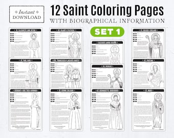 Set #1: 12 Catholic Saint Coloring Pages with Biographical Information, Catholic Printables, All Saints Day, All Saints Day Party, CCD, RCIA