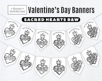 Sacred Hearts Coloring Page Valentine's Day Banners, Printable Banners, Valentine Party Decor Sacred Heart Banners B&W Sacred Heart of Jesus