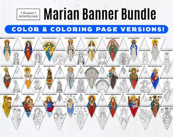 Marian Banner Bundle: 24 Color Banners & 24 Coloring Page Printable Banners, Printable Saint Banners, All Saints Day Decor, Titles of Mary