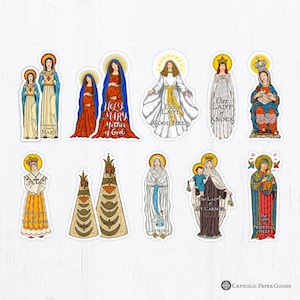 Marian 3&quot; and 4&quot; Die Cut Vinyl Stickers Peel & Stick Catholic Vinyl Stickers Waterproof Blessed Virgin Mary Undoer of Knots La Leche Lourdes