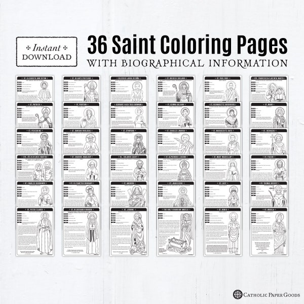 36 Catholic Saint Coloring Pages with Biographical Information, Bundle #1, Catholic Printables, All Saints Day, All Saints Day Activity, CCD