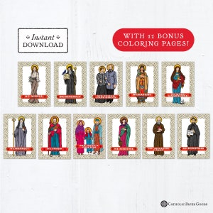 Catholic Saint Trading Cards July Set #1 - Printable - PLUS Bonus Coloring Pages! DIY Downloadable PDF - 8.5x11 - 11 Total Saint Cards