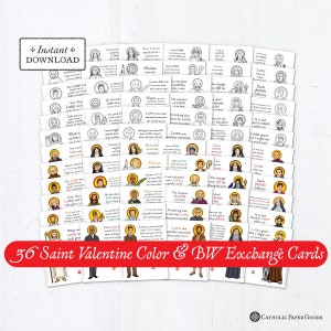 Catholic Saints Valentine Exchange Cards Full Bundle of 36 Color AND Black & White Printable - DIY Downloadable PDF - 8.5x11