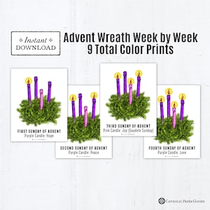 Peut inclure: Couronne de l'Avent imprimable semaine par semaine avec 9 impressions couleur au total. Chaque impression présente une couronne avec des bougies représentant les différents dimanches de l'Avent. Le texte sur chaque impression indique le dimanche de l'Avent et la couleur de la bougie.