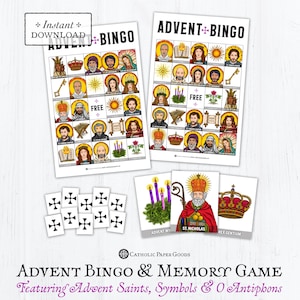 Advent Bingo Game Memory Game Advent Saints O Antiphons Advent Symbols Catholic Games for Kids, Printable PDF