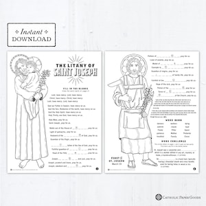 La Letanía de San José Dibujos Católicos para Colorear y Juego de Palabras - Santos Católicos - 2 Dibujos para Colorear Imprimibles - Digital - PDF
