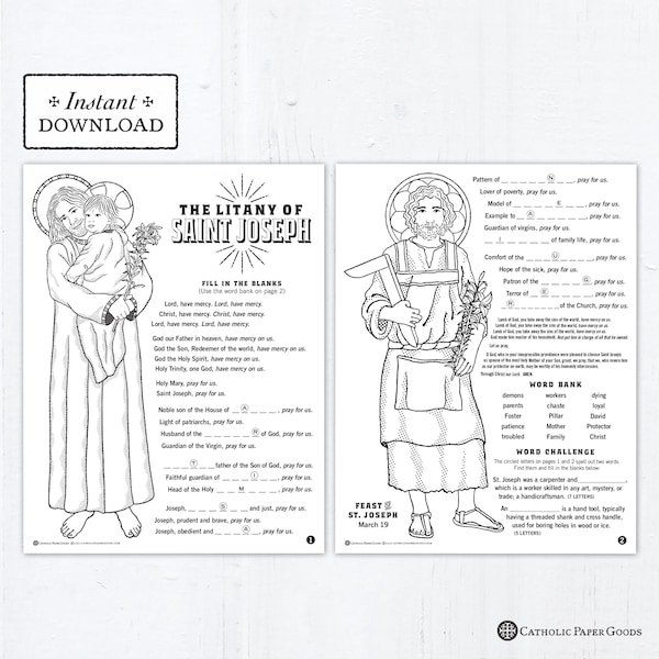 The Litany of Saint Joseph Catholic Coloring Pages and Word Game - Catholic Saints - 2 Printable Coloring Pages - Digital - PDF