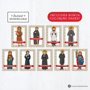 Catholic Saint Trading Cards May Set #1 - Printable - PLUS Bonus Coloring Pages! DIY Downloadable PDF - 8.5x11 - 9 Total Saint Cards