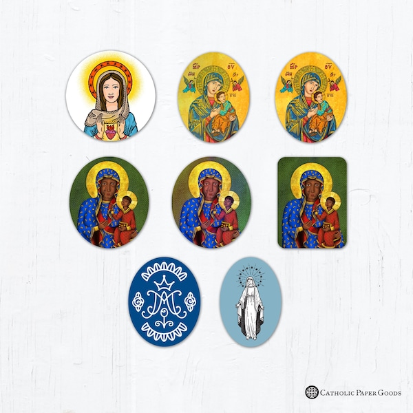 Marian Stickers, Our Lady of Czestochowa, Virgin Mary Oval, Auspice Maria, Our Lady of Perpetual Help, Immaculate Heart of Mary Vinyl 3"