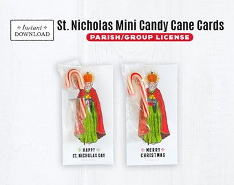 Parish License, St. Nicholas Printable Miniature Candy Cane Treat Cards, Instant Download 2.8" x5.5” St. Nicholas Day Candy Cane Holder Card