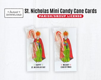 Parish License, St. Nicholas Printable Miniature Candy Cane Treat Cards Instant Download 2.8x5.5 St. Nicholas Candy Cane Holder Card, Advent