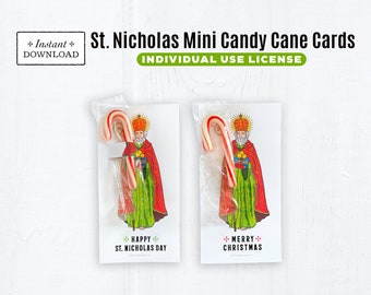 St. Nicholas Printable Miniature Candy Cane Treat Cards, Instant Download 2.8" x5.5” St. Nicholas Day Christmas Candy Cane Holder Cards