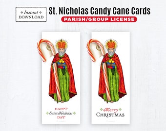 Parish License, St. Nicholas Printable Candy Cane Treat Cards, Instant Downloadable 3.5x8.5 St Nicholas Christmas Candy Cane Holder Advent