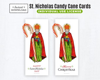 St. Nicholas Printable Candy Cane Treat Cards, Instant Downloadable PDF 3.5" x 8.5” St. Nicholas Day Christmas Candy Cane Holder Cards